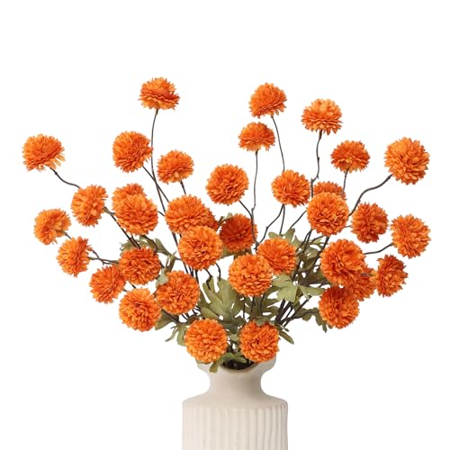 DuHouse 6pcs Faux Silk Pompon Mum Small Chrysanthemum Ball Orange