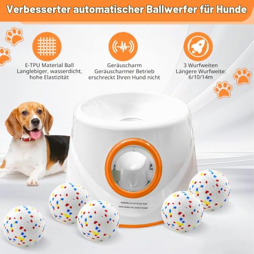 Orifesio Ballwurfmaschine für Hunde, Ballmaschine Hund mit 6 E-TPU Tennisbälle, Interaktives Hundespielzeug Elektrisch für Kleine Hund, Hunde Tennis Ballmaschine für Innen und Außen