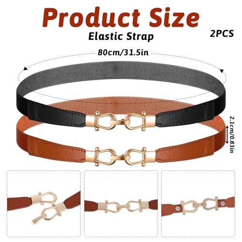 2pcs Women Skinny Belt for Dresses Elastic Belt Retro Stretch Ladies Waist Belts Adjustable Leather Belts with Gold Buckle Halloween Decorations2