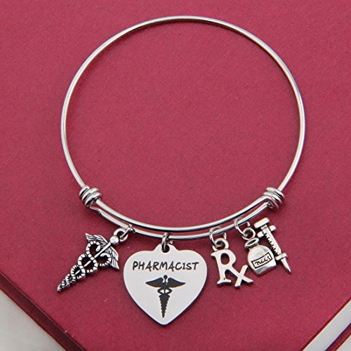 bobauna Stainless Steel Pharmacist Expandable Wire Bangle Bracelet with Medical Caduceus RX Symbol Pharmacy Charms Pharmacist Graduation Gift2