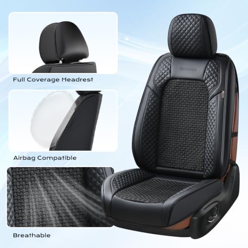 Image of Coverado Seat Covers Full Set, 5 Seats Universal Seat Covers for Cars, Black Car Seat Covers Front Seats Back Seat Cover, Breathable Car Seat Cushion, Leather Seat Cover Seat Protector Fit Most Cars