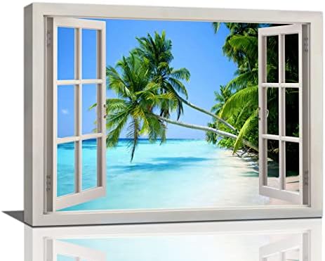 Tropical Palm Beach Wall Art Coastal Ocean Bathroom Pictures Wall Decor 3d Window Canvas Prints Framed Modern Seascape Landscape Painting Artwork for Living Room Hotel Kitchen Offic 16"x12"