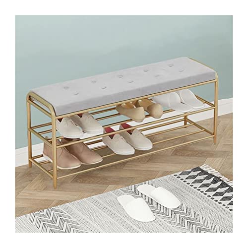 Metal Storage Bench with Upholstered Seat and Double Shelf E