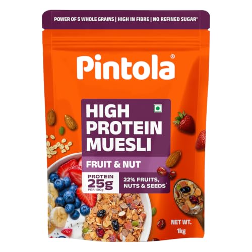 Image of Pintola 25g High Protein Muesli, Fruit & Nut, 1kg | Gluten-Free, Naturally Sweetened with Organic Jaggery & Dates, 22% Fruits, Nuts & Seeds, No Refined Sugar, Healthy Breakfast Cereal