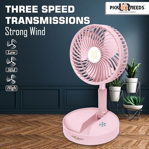 Image of Pick Ur Needs Rechargeable Foldable Small Standing Electric Mini Fan With 3 Mode & LED Light For Home, Bedroom, Office (Pink)