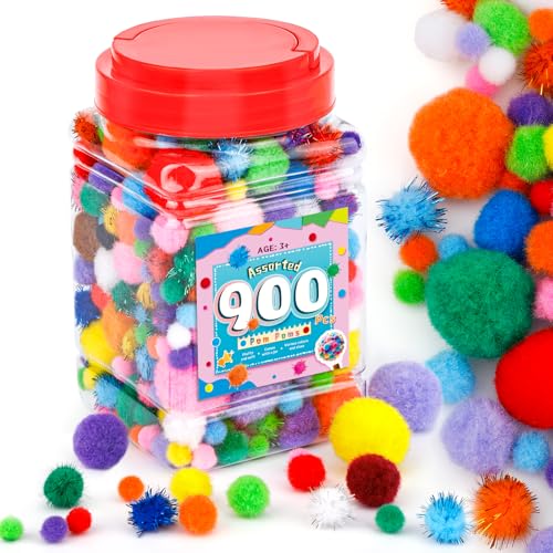 900 Pcs Multicolor Pom Poms Pom Poms for Crafts Soft and Fluffy Craft Pompoms Assorted Sizes and Colors Pompom Balls for DIY Arts Home Decorations Crafts Supplies