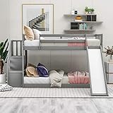 WocOyO Litera de escalera Doble sobre Doble/completa con tobogán Convertible y escalera, Marco de litera de Madera de Pino macizo para niños, adolescentes y adultos, no necesita c(Color:Grey)