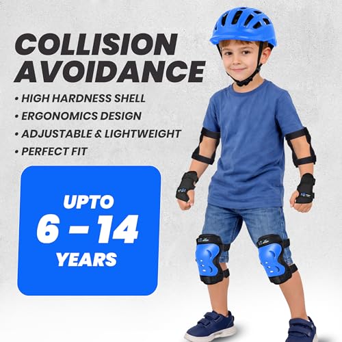 Image of Jaspo Tyro Complete Protective Gear Set for Kids | Helmet with Knee Pads, Elbow Pads & Wrist Guards for Skating, Cycling & Skateboarding (Blue) (6-14 Years)