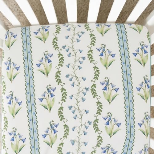 Image of Brandream Organic Crib Sheets for Girls Boys Fitted Crib Mattress Sheet Neutral, Soft Breathable Cotton Cover for Baby Bed Toddler Mattress, Blue Grandmillennial Botanical Floral Stripes and Vines