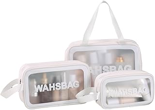 منظم تخزين ادوات الزينة بسحاب من ايرجور شنطة يد شفافة غير لامعة مع مقبض عملي مجموعة 3 قطع لون ابيض عصري بلاستيك