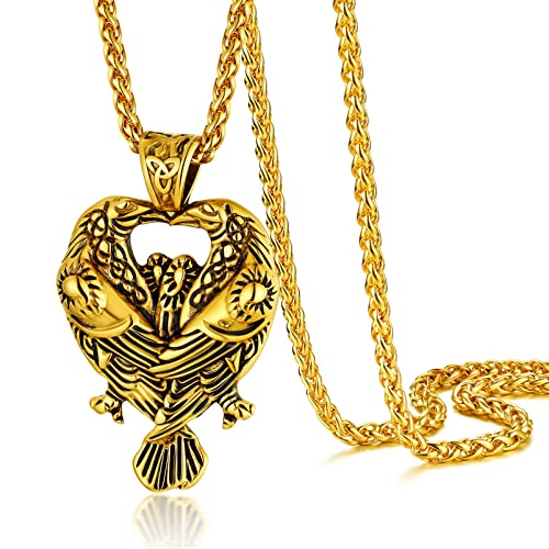 PROSTEEL Norse Viking Jewelry for Men Women, Vintage Thor Hammer/Thor Axe/Raven/Odin Necklace, 316L Stainless Steel Pendant Chain, Come with Box Gold 6. Two Ravens