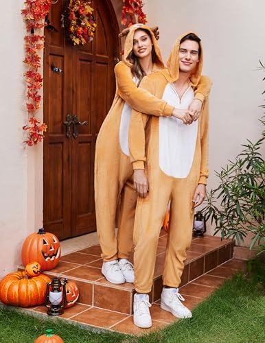 Ekouaer Tier Jumpsuit Kostüm mit Reißverschluss & Kapuzen Fleece Onesie Schlafanzug Fasching Halloween Cosplay Karneval Einteiler (Herren, Damen, Unisex) Rentier, L