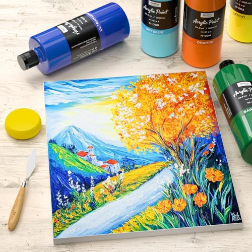 Image of Nicpro 14 Colors Large Bulk Acrylic Paint Set (33.8 oz, 1000 ml) Rich Art Painting Supplies, Non Toxic for Multi Surface Rock Canvas Wood Ceramic Leather Fabric Craft for Adult with Color Wheel