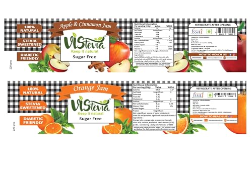 Image of Vistevia Sugar Free Apple Cinnamon and Orange Jam, Diabetic and Keto Friendly - Sweetened Naturally with Stevia, More Than 60% Fruit Content - Tastes Delicious - Pack of 2 (220 * 2 GM)