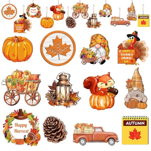 24 Pcs Fall Thanksgiving Ornaments for Small Tree Wood, Both Side Printing Fall Thanksgiving Christmas Tree Decorations and Ornaments for Autumn Harvest Party Home Indoor Outdoor Decor