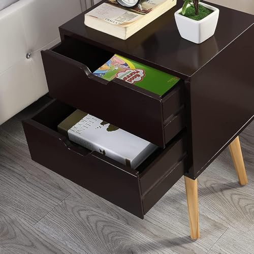 Image of Organizing Nightstand Solid Wood Legs Mid-Century Modern Bedside Table Practical and Simplistic End Side Table with Two Drawers (Brown)