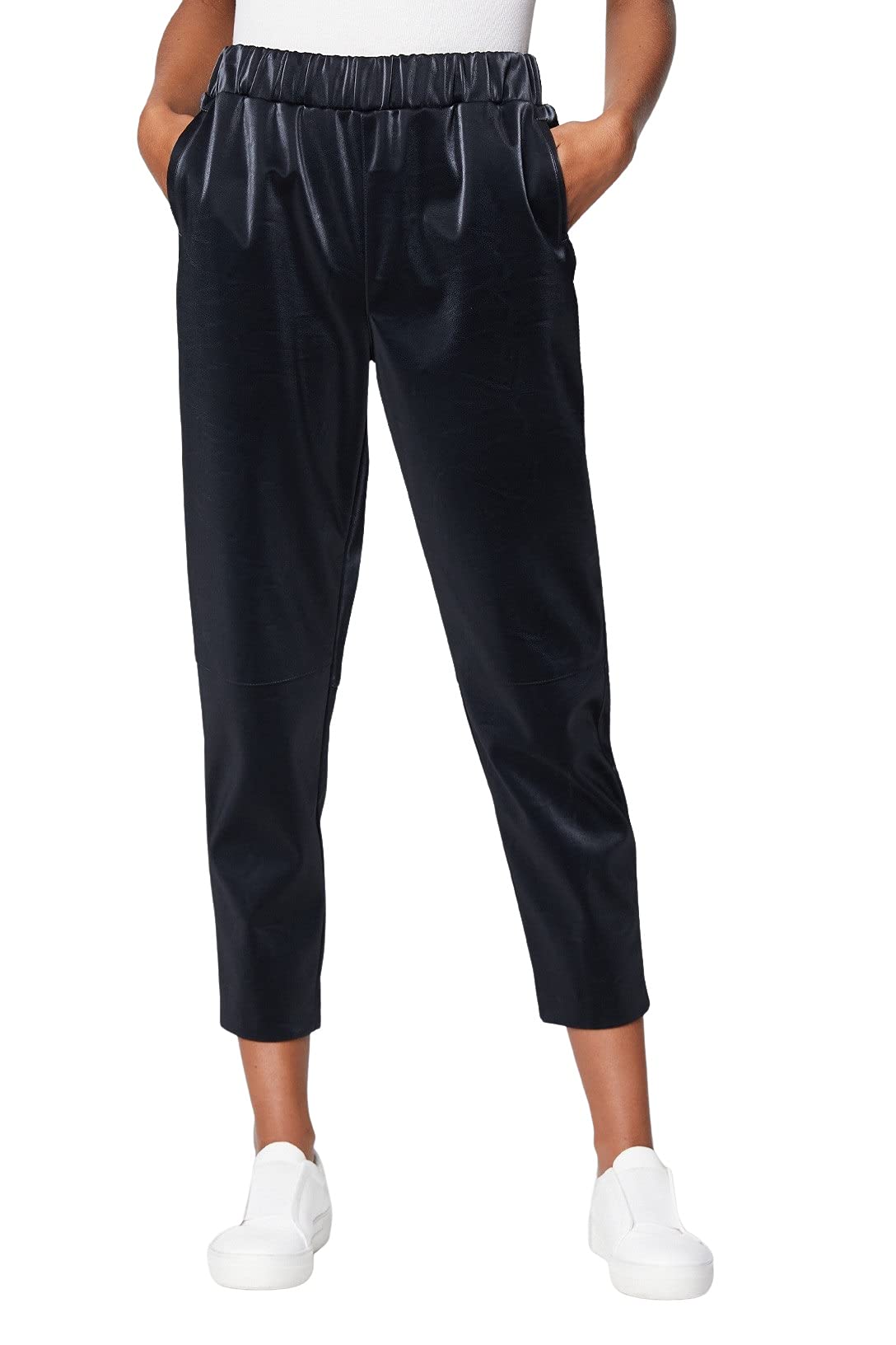 BLANKNYC Womens Womens Elastic Waist Vegan Leather Pant with Welt Pockets Fashionable Stylish Pants