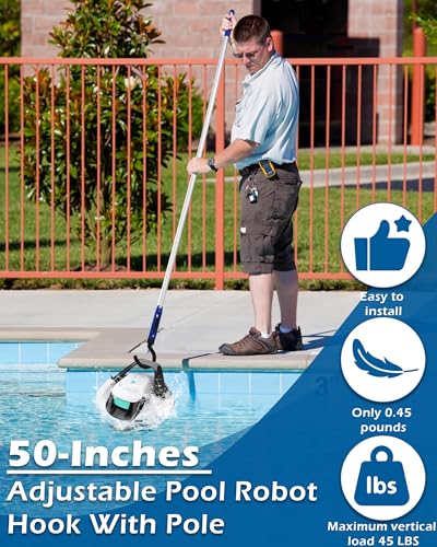 Image of Pool Robot Retrieval Hook - 49.21 Inch Adjustable Stainless Aluminum Pole, Heavy-Duty Detachable Hook for Pool Robot Vacuum Robotic Pool Cleaner Including Cordless /Above Ground /Underwater Cleaners