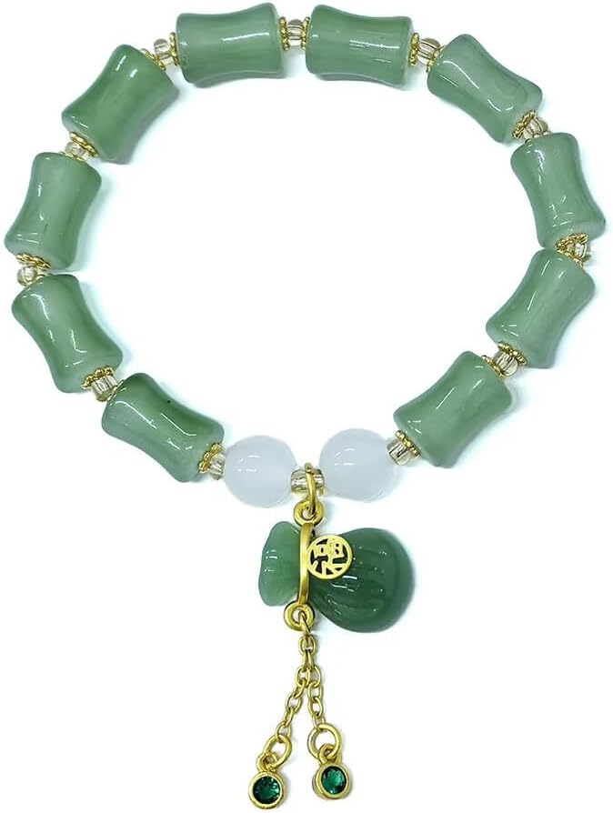 Bamboo Bracelet Jade Stones Lucky Money Bag Pendant Charm Stretch Beaded Bracelets For Women Fengshui Jewelry