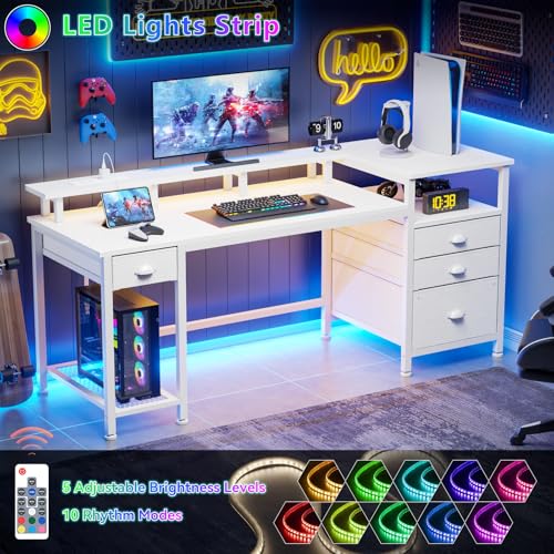 Image of Furologee 60 inch White Computer Desk with 4 Drawers, Power Outlet, LED Lights