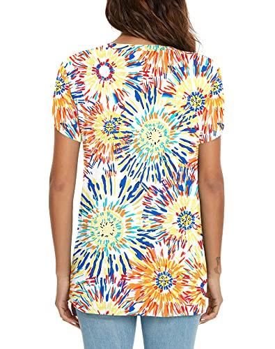 Kuotai Women's Tops Summer T Shirts Casual V Neck Petal Sleeve Blouses Shirt(Colorful Fireworks, 3X-Large) #TOP3