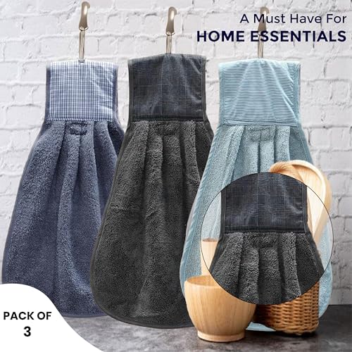 Image of Hand Towel with Loop | 600 GSM | Hanging Napkin for Wash Basin, Kitchen Sink, Bathroom| Pack of 3 in (Blue, Black and Grey) | Assorted