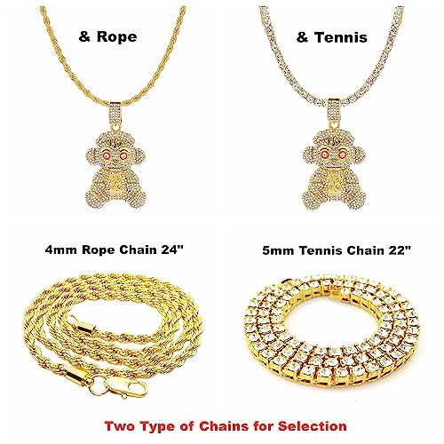 Mens Hip Hop Iced Out Chain Necklaces Silver Gold Monkey | Bear | Lion Pendant Chains Bling Rapper Jewelry3