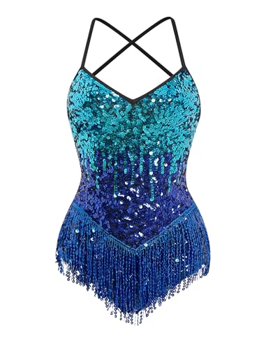 ODIZLI Fringe Sequin Dress for Women Tassel Cami Leotard One Piece Bodysuit Latin Jazz Dance Romper Dress Acrobat Costume Rave Concert Outfits All-Night Party Music Festival Clothing Blue Gradient M