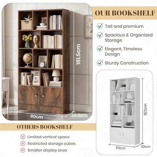 Image of ABOUT SPACE Tall Book Shelf for Home - 10 Shelves with Bottom Closed Compartment Engineered Wood Book Rack for Study Room Book Organizer Stand for Library, Living Room(L80 x B30.5 x H181.5cm -Walnut)