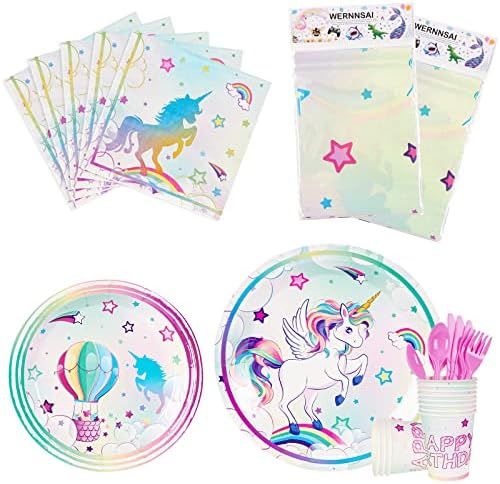 WERNNSAI Unicorn Party Tableware Set - Rainbow Unicorn Party Supplies for Girls Birthday Tablecloth Plates Cups Napkins Knifes Forks Spoons Tableware Serves 16 Guests 114 PCS