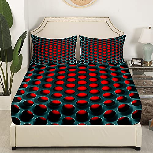 Erosebridal Geometric Fitted Sheet Green Red Honeycomb Hexagon Beehive Bed Sheets Neon Lights Geometry Stereoscopic Dense Holes Sheet Set With Deep Pocket (1 Top Flat Sheet 2 Pillowcase) Queen #TOP1