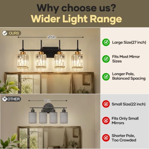 Image of Torondo Modern Crystal Bathroom Vanity Light 4-Lights Gold Bathroom Light Fixtures Over Mirror Black and Gold Vanity Lighting Fixtures Gold Square Shade Brass Wall Sconce (Bulbs Not Include)