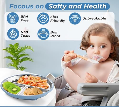 Image of NYALA Stainless Steel Baby Toddler Plates Silicone Suction, Non-Slip Baby Plates BPA Free,Unbreakable Dishwasher Safe (Blue)