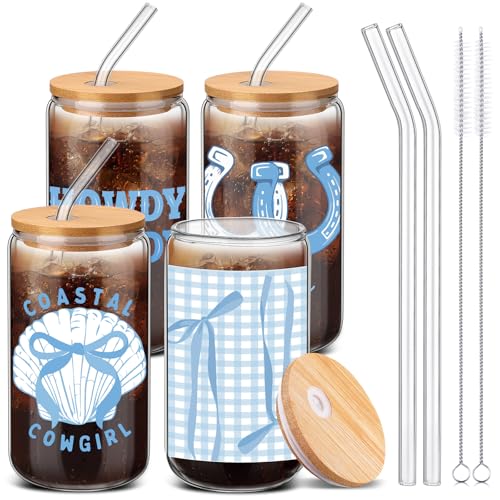 SiliFine 4 Pcs Coastal Cowgirl Glass Tumblers, 16 oz Beach Party Gifts