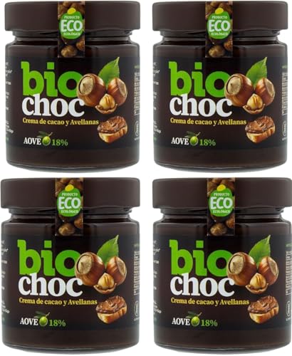 Biochoc - Avellana - Crema de cacao con Aceite de Oliva Virgen Extra Ecológico - 100% Ecológica - Sin gluten, Sin leche, Sin frutos secos - 200gr (Pack 4)