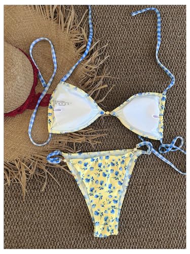Image of RoseSeek Women's Floral Print Cheeky Bikini Sets Pearl Decor Halter Triangle High Cut String Thong Swimsuits