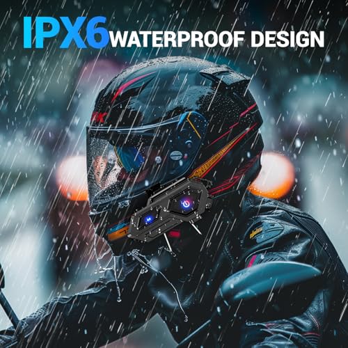 Image of EDYELL Motorcycle Bluetooth Headset,C8 Motorcycle Helmet Speakers with 2 Type Mics,Connects Two Mobile Phones,LED Emergency Lights,HiFi Stereo Calls,IPX6 Waterproof,Compatible with All Helmets