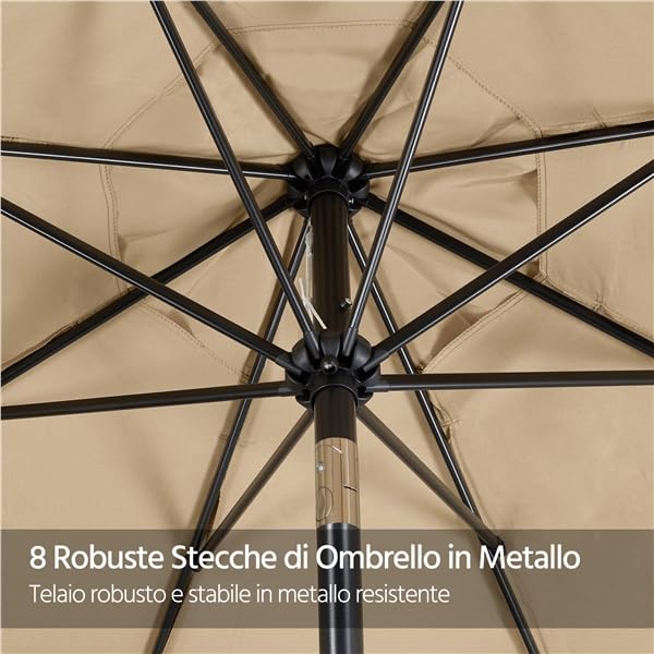 Yaheetech Ombrellone da Giardino Esterno con Bordatura 8 Stecche Manovella Parasole Protezione UV per Spiaggia Balcone Terrazzo Mercato Reclinabile Ecrù