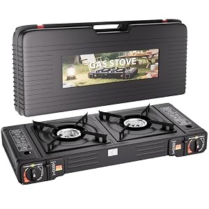 Portable Double Burner Camping Stove with Carry Case, Gas Cooker Stove Automatic Ignition System, Grill Plate Compact Cooker Butane Gas, BBQ Cooker Caravan & Outdoor Cooking
