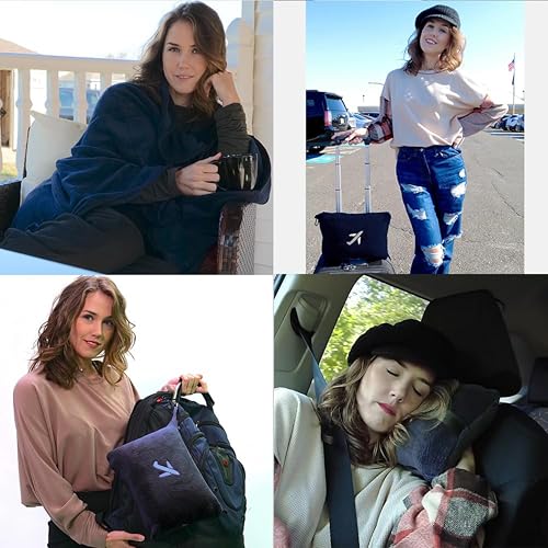 Image of BlueHills Travel Blanket Pillow in Mini Soft Case Premium Plush Airplane Blanket in Soft Bag Compact Pack with Luggage Belt and Backpack Clip - Navy Blue M04