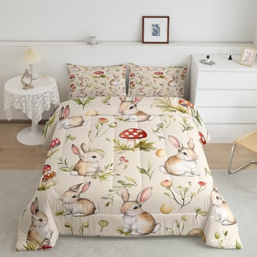 Feelyou Cute Bunny Bedding Set Cartoon Rabbit Comforter Set for Kids Boys Girls Red Mushrooms Quilt Set Colorful Eggs Duvet Quilt with 2 Pillowcases 3Pcs Bedding Full