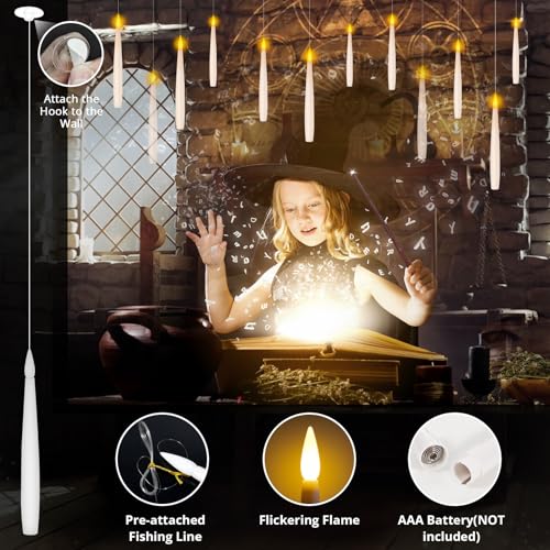 Image of NURADA Floating Candles with Wand Remote Timer - Magic LED Hanging Flameless Taper Candles Flickering Battery Operated for Birthday Theme Party Halloween Home Window Decor - White 12 Pack