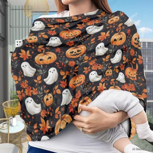 Image of Wanyint Baby Car Seat Cover Stretchy Carseat Canopy Baby Breastfeeding Stroller High Chair Shopping Cart Cover Infant Nursing Scarf Halloween Decoration, Pumpkin Ghost Fall Leaf