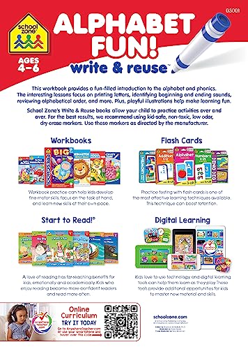 School Zone - Alphabet Fun! Write & Reuse Workbook - Ages 4 to 6, Preschool to Kindergarten, Tracing, Printing, Letters, Sounds, Phonics, Wipe Clean (School Zone Write & Reuse Workbook) 2 51HOTyU2OgL
