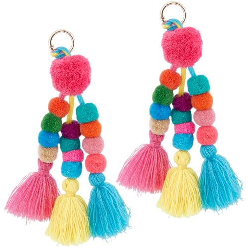 Beebeecraft 2 st boho väska berlock färgglad pom pom boll tofs nyckelring mörk färg 23 cm för kvinnor handväska dekoration