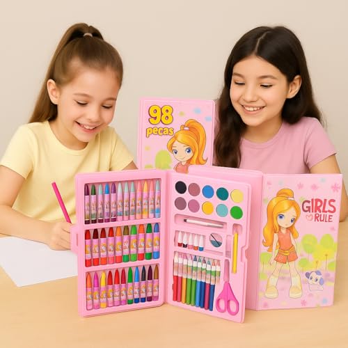 Estojo Maleta De Pintura Infantil Kit Escolar Com Lápis, Giz e canetinhas I Maleta 98 Peças Completo Para Colorir Desenho Menina