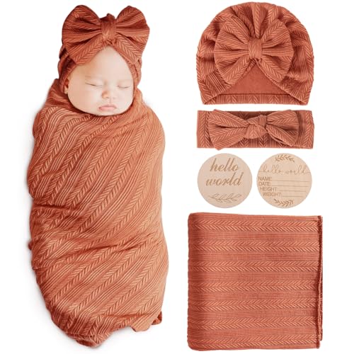 Image of AQOKKA Newborn Receiving Blanket with Bow Hat Headband Wooden Card Set Wheat-Pattern Newborns Toddler Baby Boy Girl Nursery Swaddle Wrap
