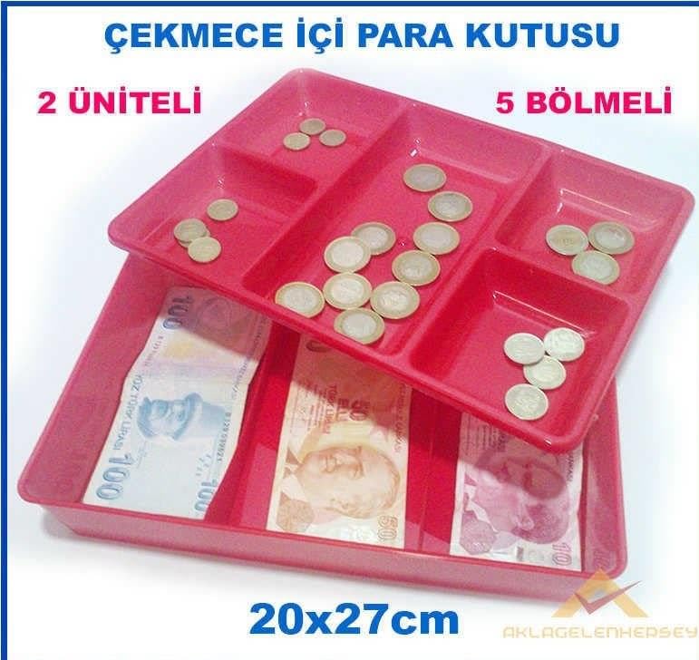 Kasa İçi Kullanışlı Para Kutusu 20x27 cm Çift Üniteli 5 Bölme Çekmece İçi Bozuk ve Kağıt Para Kutusu