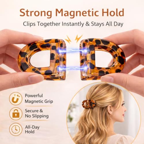 Image of Magnetic Hair Clips for Women, 2 Pcs Clutcher for Hair, No-Pull Claw Clip for Thin, Thick, Curly & Straight Hair, Lightweight Strong-Hold Hair Clip (Black & Tortoise) (Magnetic Hair Clips)