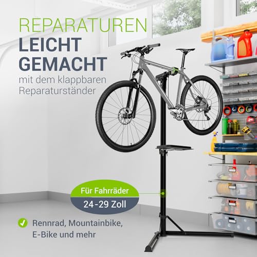 Juskys Fahrrad Reparaturständer, bis 50 kg für E-Bike, klappbar & höhenverstellbar, Klemmkopf 360° drehbar, Gummibeschichtung & Werkzeugablage, Schwerlast Fahrradständer für 24 bis 29 Zoll Fährräder